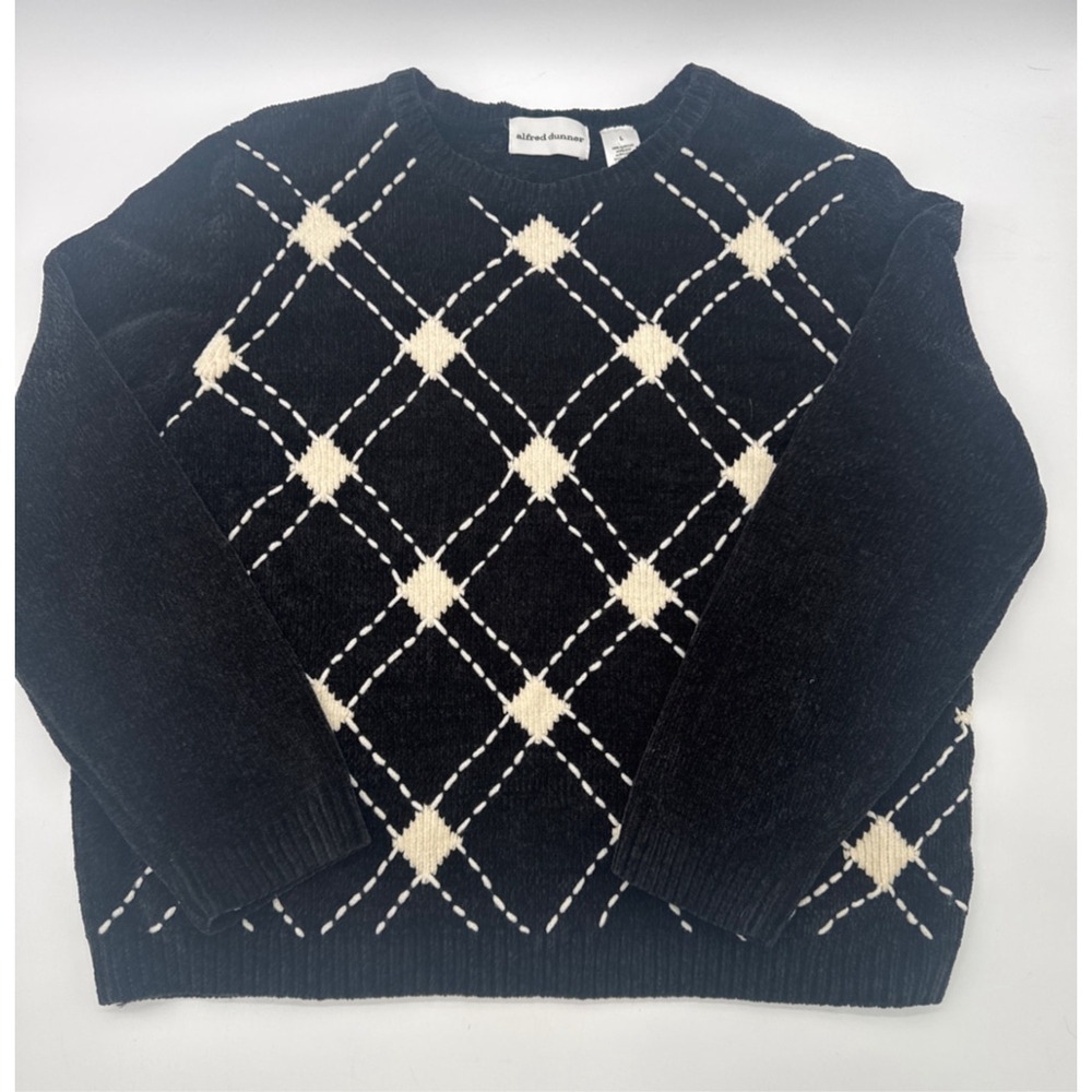 ALFRED DUNNER Black & White Argyle Crew Neck Sweater L